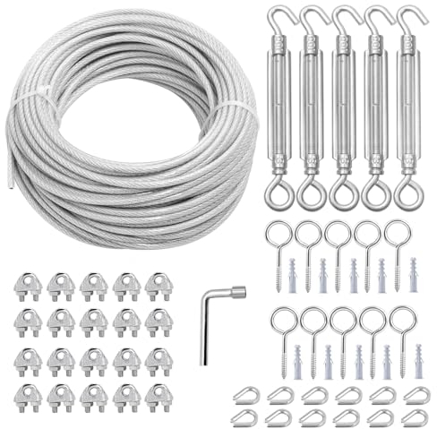 hannger M6 Turnbuckles for Cables Wire Kit, 3MM PVC Coated Steel Cable Kit w/ 7×7 Strand Core & 30M Wire Rope Tensioner Strainer for String Light Hanging/Deck Stair Railings/Shade Sail/Clothes Line
