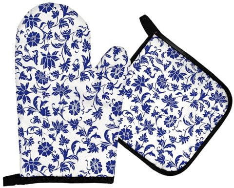 Mingnei Blue Porcelain Floral Oven Mitts and Pot Holders Sets, Blue White Flower Heat Resistant Potholder Kitchen Decor for Cooking Baking BBQ, Blue Floral Chinoiserie Oven Glove Set Kitchen Decor