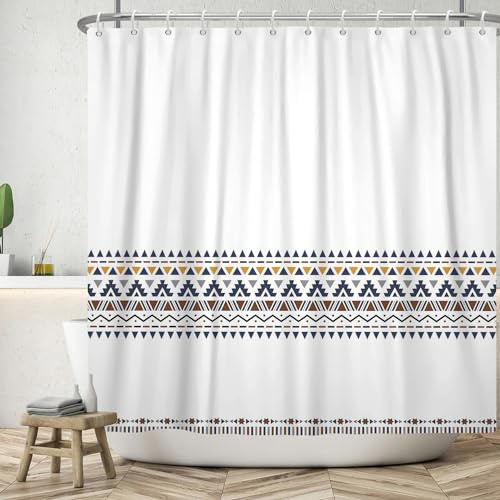 ASDCXZ Boho Duschvorhang 180x200 cm, Modern Boho Marineblau Gelb Braun Regel Geometrie Muster Weiß Bad Waschbar Duschvorhänge Polyester Textil Wasserdicht Badevorhang für Badewanne mit 12 Haken