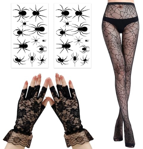 Collant Halloween Femme, 4 PCS Accessoire, 2x Tatouage Araignée, Gants Dentelle Noire, Accessoires de Mode