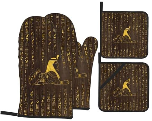 4 Pezzi Presine E Guanti Da Forno Golden Egyptian Sphinx And Hieroglyphics Guanti Barbecue Ultra Spessi Guanti Da Cucina Divertenti Guanti Termoisolanti Per Campeggio, Cuocere, Cucina