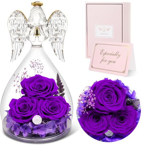Sunia Ewige Rose Engel Geschenke für Mama,3 Ewige Rose im Glas Engel,Infinity Rose Geschenke für Frauen,Geburtstagsgeschenk für Frauen Mutter Oma, Geschenk Valentinstag Muttertag