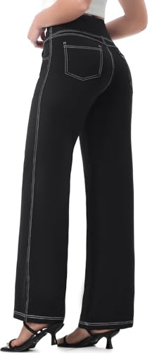 Chasehot Pantalons Yoga Pilates Femme, Pantalon Sport Jogging Femme avec Poches Pantalon Décontracté Droit Taille Haute Pantalon Stretch Contrôle Ventre,Noir-L