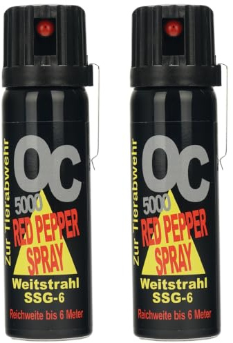 2X Pfefferspray OC5000 Weitstrahl 63 ml zur Selbstverteidigung Flip-Top-Deckel Metallclip