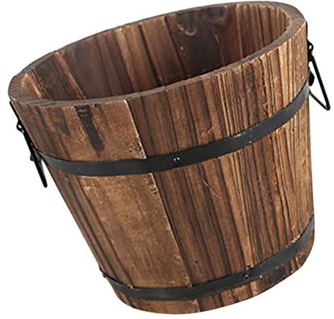 GAROZATION Holz Pflanzkübel Mit Seitenhenkeln Mittelgroß Rustikaler Vintage Blumentopf Im Retro Fasse-Design Für Sukkulenten Und Balkongarten Natürlicher Pflanzbehälter Für Innen Und Außenber
