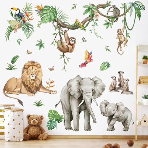 wondever Stickers Muraux Animaux de la Jungle Tropicales Vigne Autocollants Muraux Mural Stickers Sauvages Safari Éléphant Lion Singe pour Chambre Enfants Bébé Pépinière Salon