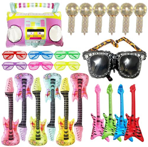 24pcs Inflatable Instruments Set Musical Instrument Balloons Inflatable Guitar Bass Inflatable Microphone Shutter Shading Glasses Inflatable Musical Toy Set for Party Props