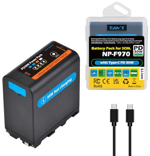 TAVT Type-C PD 30W 9000mAh NP-F970 NP-F Battery for Sony NP-F550 F570 F750 F770 F960 F970 F975, HDR-FX1, HDR-FX7, HVL-LBPB, HVR-V1U Camcorder, LED Light, Ring Light, Field Monitor, Transmitter