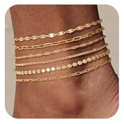 CharmBurst 6 pièces 14K Bracelet de cheville étanche pour femme, Bracelet de cheville en or, Herringbone, Boîte, Paperclip, Bead et Figaro Design, Bijoux d'été, Bijoux de cheville en or Dainty