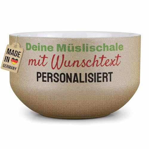 Print Royal PR Glitzer Müslischale mit Name oder Text selbst gestalten - Personalisierte Schüssel bedrucken - Individuelle Fotogeschenke zum Geburtstag, Weihnachten - Keramik, Gold 500 ml