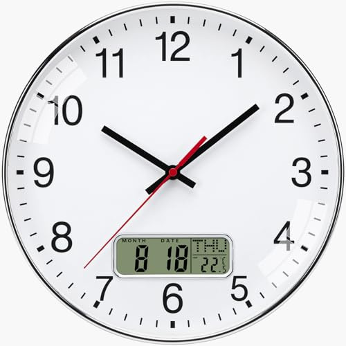 VIVILINEN Lautlos Wanduhr mit Kalender und Temperaturanzeige Modern Quarzuhr Ohne Tickgeräusche für Wohnzimmer Schlafzimmer Büro Küche 30cm (Weiß)