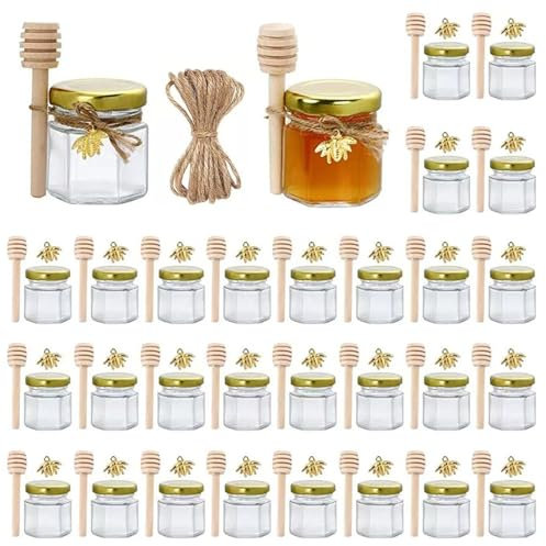 TFixol Honey Jars, 30Pcs Premium 1.5 oz Hexagon Glass Jar with Wood Dipper Gold Lid Bee Pendant Jute Rope Small Containers Bottles for Jam Candies Honey Baby Shower Wedding Par Favors White