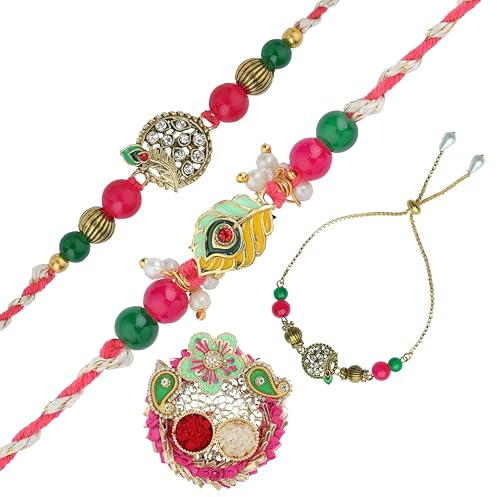 Rakhi für Bruder 3er Set Rakhi für Bhai Bhaiya Veera Rakhi Faden Armband Dora für Geschenkpaket mit Tilak Halter Copra Flower Design Kumkum Teller Platte für indisches traditionelles Festival, 3.5