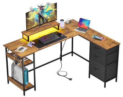 DEVAISE 150×118cm Gaming Desk, Corner Desk with Shelf, for Home Office, Rustic Brown