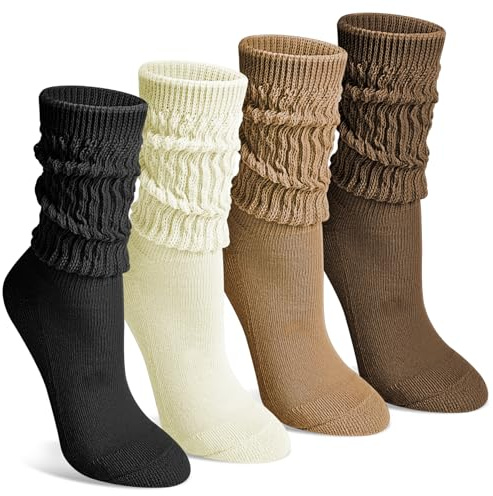 Tialfas 4 Pairs Slouch Socks Womens 4-7, Slouchy Boot Socks Womens Athletic Socks Calf Tube Scrunch Cotton Knit Crew socks for Womens Ladies Girls