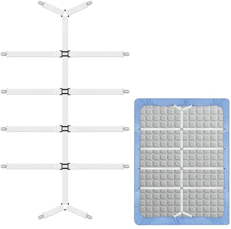 SOGHO Bettlakenspanner,Bettlakenspanner Verstellbar,Bettlaken Spanner,Spannbettlaken Halter,Bettlakenhalter,Spanner Für Bettlaken,Mit 12 Metallklammern,Für Bettlaken, Matratze, Oder Sofa (Weiß)