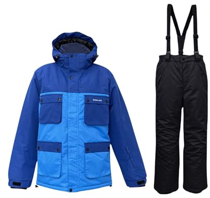 Set giacca da snowboard per bambini e pantaloni, con pettorina con cappuccio, antivento, calda tuta da sci (blu, 130)