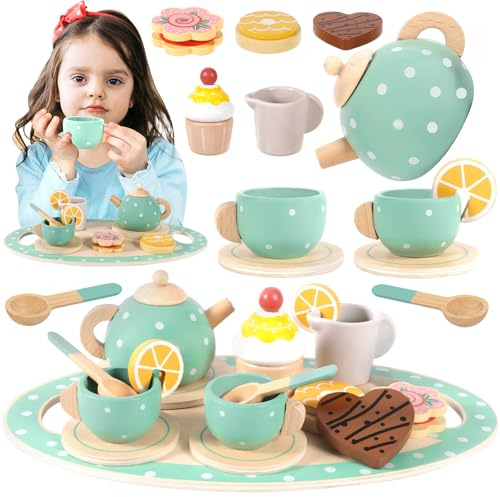 MZJAUVF 17Pcs Service à Thé pour Enfants, Services à Thé en Bois, Tea Party Jeux de Rôle, Service à Thé Jouets, Dînette Enfant Accessoire, Jeux de Cuisine pour Enfants Filles Garçons 3 4 5+Ans