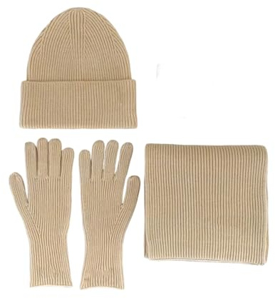MARCBUSE Set di 3 accessori invernali in maglia morbida, cappello, sciarpa, guanti, maglieria, per adulti e ragazzi, unisex, per la scuola e il tempo libero, accessori per il freddo, Beige, Taglia