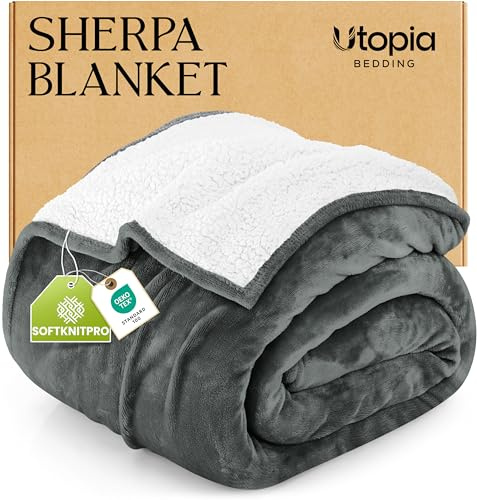 Utopia Bedding Throw Sherpa Fleece Blanket (Grey, 127x152cm) | Fluffy Microfiber, Cosy, Warm & Thick Blankets for Bed, Sofas and Couch