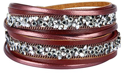 JOYMIAO Frauen Echtes Leder Wickelarmband Kristall Gepflastert Manschette Armreif mit Magnetverschluss Mädchen Geschenke (Rot)