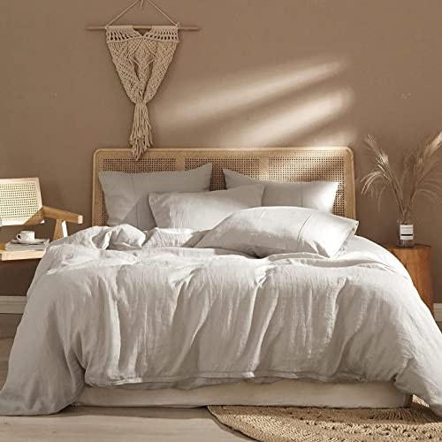 Ivellow Linen Duvet Cover King Size 100% Washed French Flax Pure Linen King Duvet Cover Set Soft Breathable Durable Cooling Comforter Cover Natural Linen Bedding Set 3 Pcs-1 Duvet Cover 2 Pillowcases