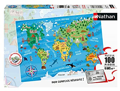 NATHAN - Kinderpuzzle - 100 Teile - Weltkarte der Monumente - Mädchen oder Junge ab 6 Jahren - Hochwertiges Puzzle - Dicker und haltbarer Karton - Geografie - 86775
