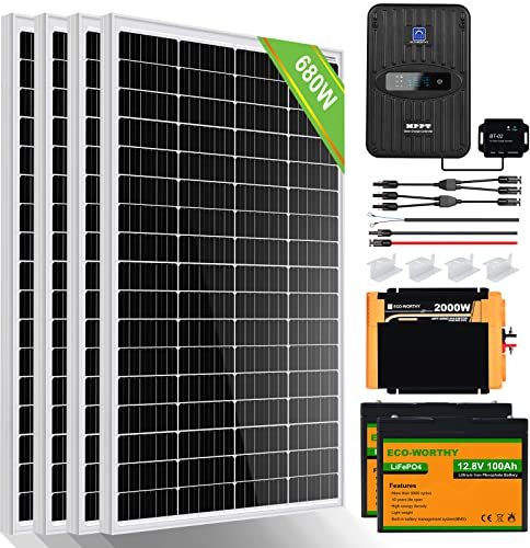 ECO-WORTHY 2.72kWh 0% MwSt. Solarsystem, 680W 12V Solaranlage Komplettset für Wohnmobil: 4 Stücke 170W Solarmodul + 40A MPPT Laderegler + 2 Stücke 100Ah Lithiumbatterie + 2000W Wechselrichter