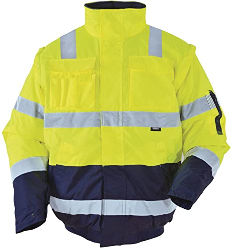 Vizwell Warnschutz Pilotenjacke 2 in 1 Arbeitsjacke Warnjacke Warnschutzjacke mit Schulterreflektorstreifen (3XL, leuchtgelb-marine)