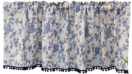 A.Monamour Gardine Scheibengardinen Kurzstores Baumwolle Leinen Blaue Blumen Texturiert Botanisch mit Pompons Kurzgardinen Küchengardine Küchenvorhang Küche Fenster Kurz Vorhang Stores Bistrogardine