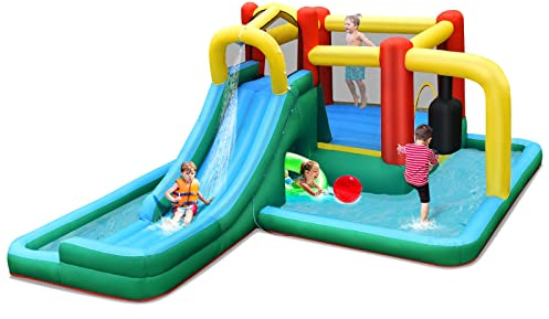DREAMADE Aufblasbare Wasserrutsche, Hüpfburg XXL mit Langer Rutsche, Kletterwand, Tunnel & Sprungbereich, Hüpfburg Outdoor Wasserpark für 4 Kinder 3-10 Jahre für Draußen, 470x370x190 cm