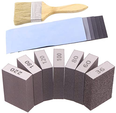 Swpeet 20Pcs 4 x 2.8 x 1 Inch 7 Sizes #36-5000 Grit Ultra Fine Wet and Dry Sanding Sponge Sanding Blocks and 6 Sizes Sandpapers Sheets with and Wooden Paint Brush Kit, Sand Block Flexible Sanding Pads