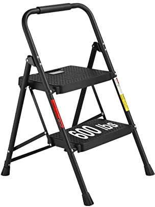 BONTEC Scala a 2 gradini,sgabelli pieghevoli per adulti con ampi pedali antiscivolo,capacità di carico massima 150 kg,robusta scala in acciaio,leggera,comoda, maniglia, sgabello portatile in,Nero
