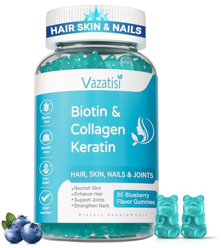 Vazatisi Biotin Gummies with Collagen & Keratin for Hair Skin Nails- Supports Hair Growth and Stronger Nails, Women Men, Kids - 60 Blueberry Flavored Gummies