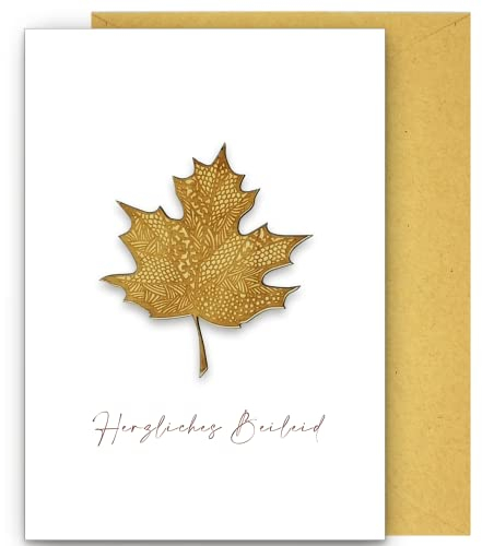 Trauerkarte - Beileidskarte - Kondolenzkarte mit einem Holzelement auf der Vorderseite (Blatt aus Holz)