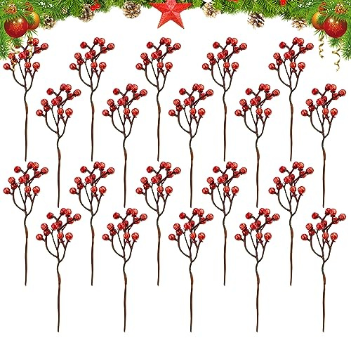 20 Piezas Tallos de Bayas Rojas Artificiales de Navidad Ramas de Bayas de Acebo de Navidad Vástago de Ramita de Bayas Rojas para árbol de Navidad Corona Artesanía de Bricolaje Decoración (Rojo)