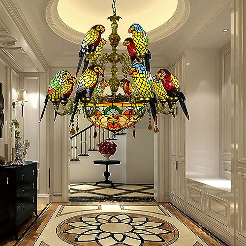 AIBOTY 12 Papageien Tiffany Stil Kronleuchter Deckenleuchte Hängende Pendelleuchte Buntglas Vintage Antiker Stil 15-Flammige Pendelleuchte Für Wohnzimmer Schlafzimmer Cafe Bar Studio
