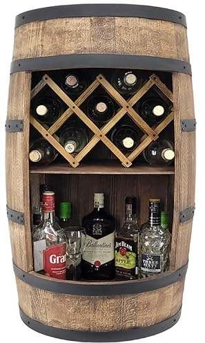 weeco Holzfass mit Weinhalter – Weinregal - Fass Weinregal Holz - Alkohol Schrank - Barschrank 80cm. Deko Regal - Hausbar Theke - Fassmöbel Geschenk. Rustikale Kommode - Hausbar Weinschrank