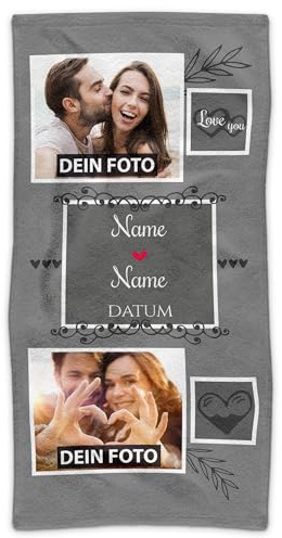 Print Royal PR Badetuch personalisiert mit Foto, Wunschnamen und Datum - Personalisiertes Badetuch Bedrucken - Individuelles Geschenk zum Valentinstag, Jahrestag | 140 x 70 cm, grau
