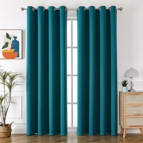 Freyamy Blickdicht Gardinen Wohnzimmer,Dicke Vorhänge mit Ösen,Weich Thermogardine Verdunkelung Ösenvorhang,Kälteschutz Warm Vorhänge für Schlafzimmer,Petrol Blau Vorhang 2er Set 130x100cm(HxB)