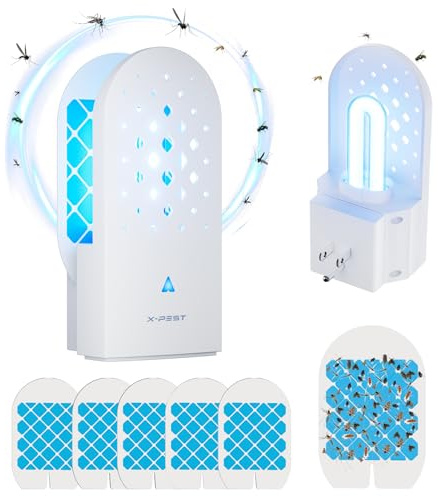 X-PEST Fly Trap Indoor, Gnat Traps with Light Tube, Plug in to Catch Flying Insects, Like Flies, Fruit Flies, Moths, Mosquitoes- Fly Zapper for Indoor Area Use (1 Device+5 Glue Boards)