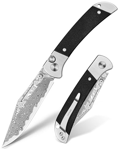 LOTHAR FALCON Taschenmesser, 7.7CM Scharfe Damast Stahl Klappmesser | Kleines G10 Griff Einhandmesser mit Knopfdruck, Button Lock EDC Messer, Gürtelclip, Ideal für Outdoor Enthusiasten
