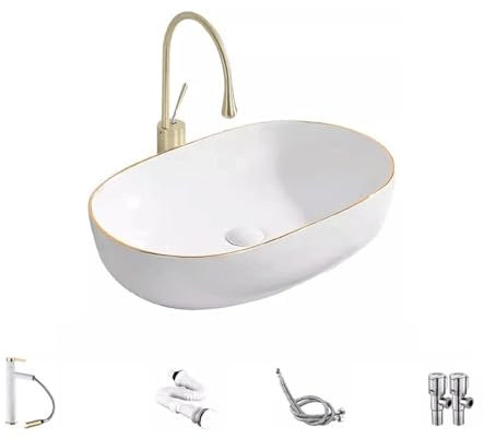 Lavandino da bagno a incasso Lavabo da appoggio di piccole dimensioni di lusso leggero Lavabo for uso domestico Lavabo singolo Lavabo in ceramica Lavabo artistico con bordo oro Lavandini da bagno