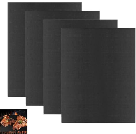 Set 4 BBQ Griglia Tappetini, Grill Mat 40x30 cm, Tappetino BBQ, Tappetini Forno, Stuoie Barbecue Riutilizzabili, Resistenti, Facili da Pulire, Tagliabili, per Griglia a Gas, Carbone, Elettrica, Forno