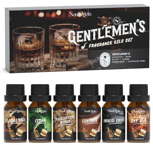SoulOrigin Men's Essential Oils Set, Fragrance Oil Set for Aromatherapy Diffusers, Scented Oils for Dry Ball 6x10ml - Sandalwood, Cedar, Bay Rum, Leather, Smoked Ebony, and Frankincense Myrrh
