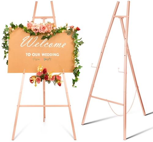 CroBlissful Rose Gold 50 Easel Stand for Wedding Sign 3 Tier Height Metal Display Easel with Adjustable Chain Heavy Duty Floor Display Stand Tripod for Painting Wedding Sign Party Poster