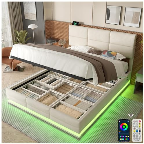 Lubvtti Cama acolchada con LED y puertos USB & Type-C, cama de matrimonio con contenedor hidráulico y cabecero regulable en altura, cama contenedor de matrimonio, terciopelo (beige, 140 x 200)