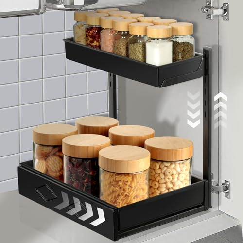 Cozary Organizador Bajo Fregadero, 2 Niveles Organizador Cocina Extraíble, Altura Regulable, En Forma de L, Kitchen Organizer,para Esquinas de Cocina/Baño, Negro