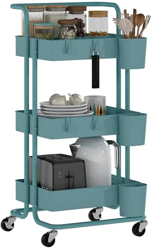 HOMCOM Carrito Auxiliar con Ruedas de 3 Niveles 42x38x86,5 cm Azul Verdoso