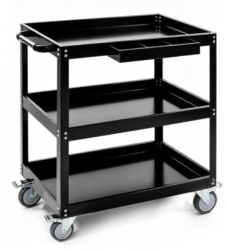3-Tier Extra-Large Heavy-Duty Rolling Tool Cart - 550LBS Utility Carts with Swivel Wheels (30.51 x 19.09 x 35.65), Thickened Steel Frame Industrial Service Cart for Warehouse, Office & Workshop
